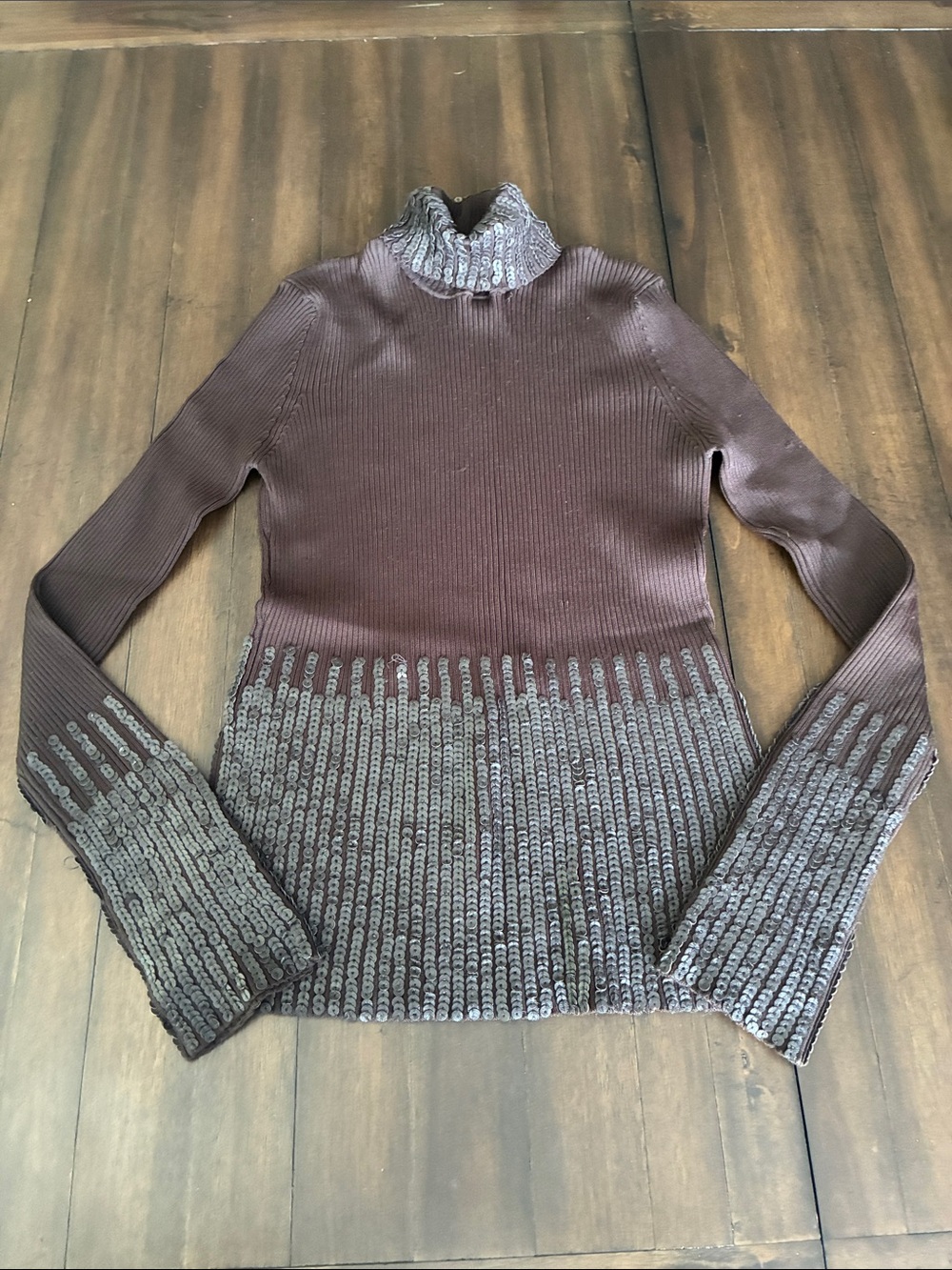 Cache Brown Ribbed Turtleneck Sweater with Textured Hem
